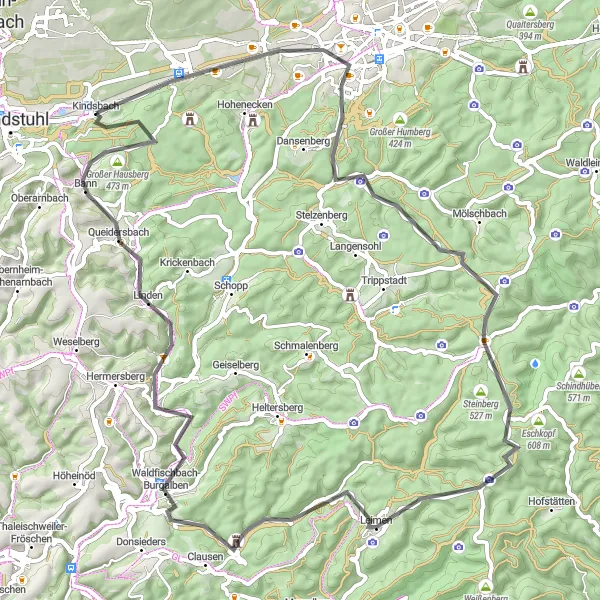 Map miniature of "Hilltops and Valleys Road Tour" cycling inspiration in Rheinhessen-Pfalz, Germany. Generated by Tarmacs.app cycling route planner