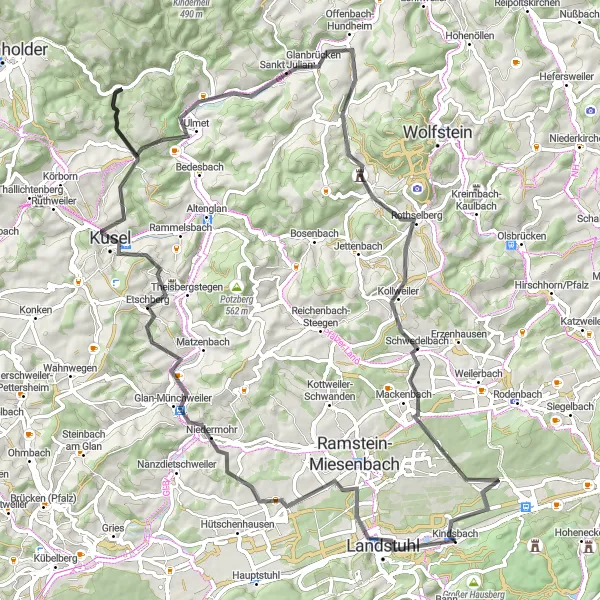Karten-Miniaturansicht der Radinspiration "Bergiges Abenteuer" in Rheinhessen-Pfalz, Germany. Erstellt vom Tarmacs.app-Routenplaner für Radtouren