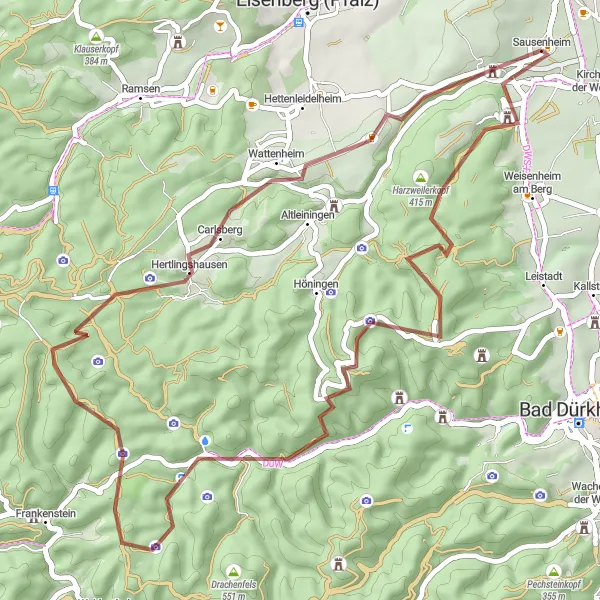 Map miniature of "Gravel Adventure" cycling inspiration in Rheinhessen-Pfalz, Germany. Generated by Tarmacs.app cycling route planner