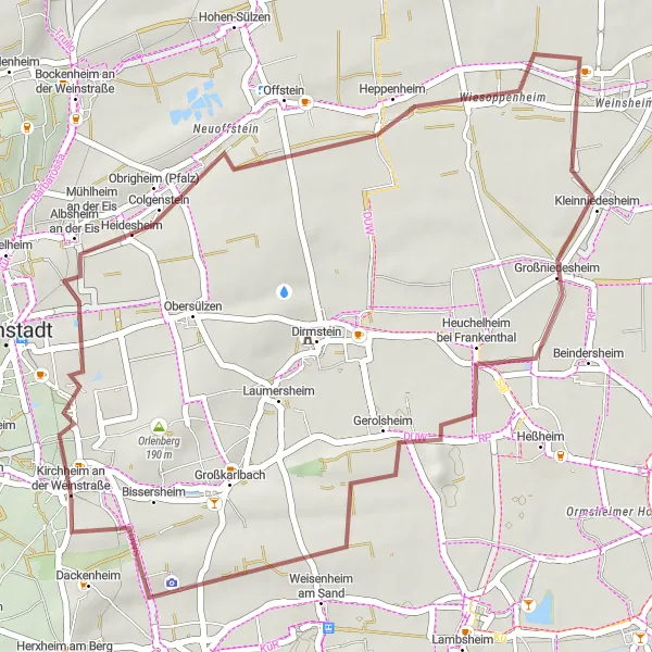 Map miniature of "The Gravel Wines of Obrigheim" cycling inspiration in Rheinhessen-Pfalz, Germany. Generated by Tarmacs.app cycling route planner