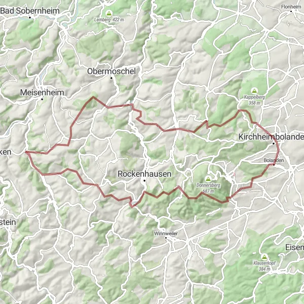 Map miniature of "Kirchheimbolanden - Falkenstein - Dörrmoschel Loop (Gravel)" cycling inspiration in Rheinhessen-Pfalz, Germany. Generated by Tarmacs.app cycling route planner