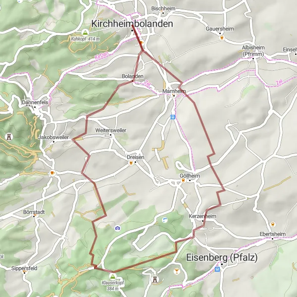 Map miniature of "Kirchheimbolanden - Kerzenheim - Klauserkopf Loop (Gravel)" cycling inspiration in Rheinhessen-Pfalz, Germany. Generated by Tarmacs.app cycling route planner