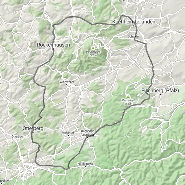 Map miniature of "Kirchheimbolanden - Glockenturm - Imsweiler Loop" cycling inspiration in Rheinhessen-Pfalz, Germany. Generated by Tarmacs.app cycling route planner