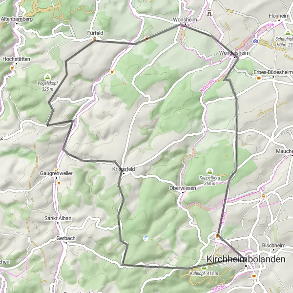 Map miniature of "Road Challenge" cycling inspiration in Rheinhessen-Pfalz, Germany. Generated by Tarmacs.app cycling route planner