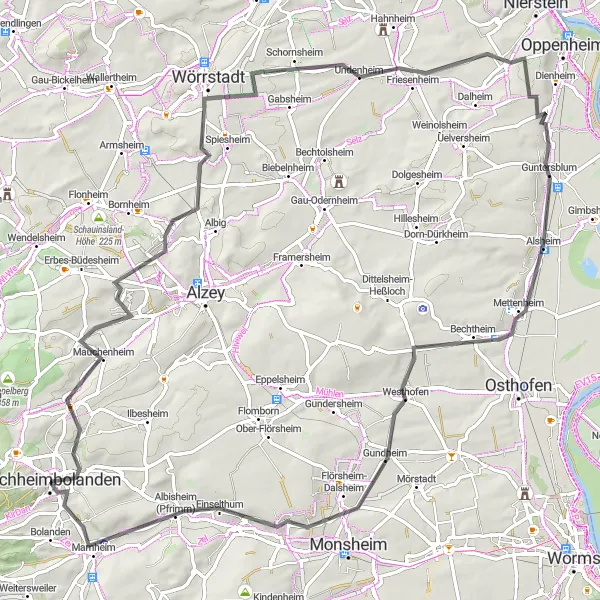 Map miniature of "Road Odyssey" cycling inspiration in Rheinhessen-Pfalz, Germany. Generated by Tarmacs.app cycling route planner