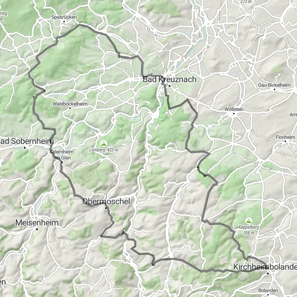 Map miniature of "Glabach Valley Adventure" cycling inspiration in Rheinhessen-Pfalz, Germany. Generated by Tarmacs.app cycling route planner