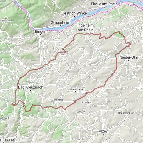 Map miniature of "Ultimate Gravel Challenge: Rheinhessen-Pfalz" cycling inspiration in Rheinhessen-Pfalz, Germany. Generated by Tarmacs.app cycling route planner