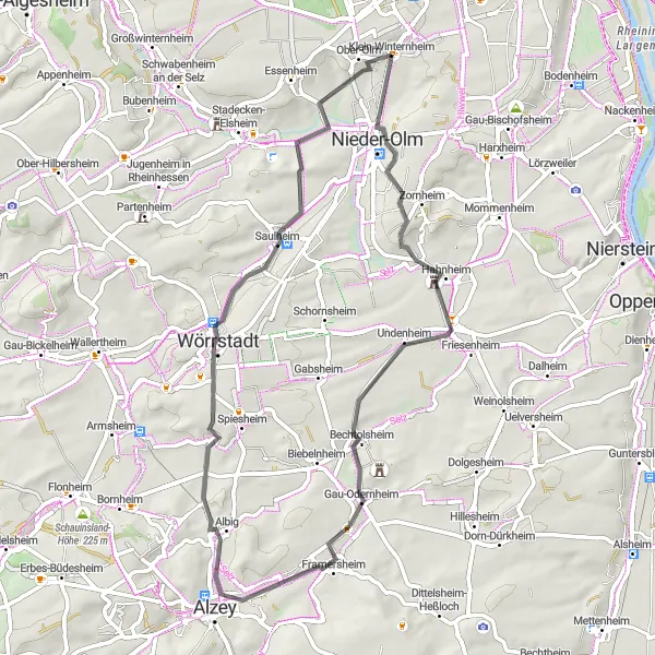 Map miniature of "Klein-Winternheim Loop" cycling inspiration in Rheinhessen-Pfalz, Germany. Generated by Tarmacs.app cycling route planner