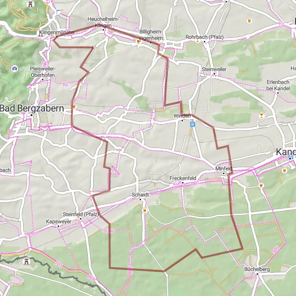 Map miniature of "Klingenmünster Gravel Loop" cycling inspiration in Rheinhessen-Pfalz, Germany. Generated by Tarmacs.app cycling route planner