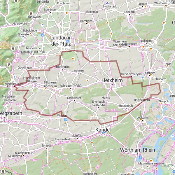Map miniature of "Göcklingen Gravel Tour" cycling inspiration in Rheinhessen-Pfalz, Germany. Generated by Tarmacs.app cycling route planner