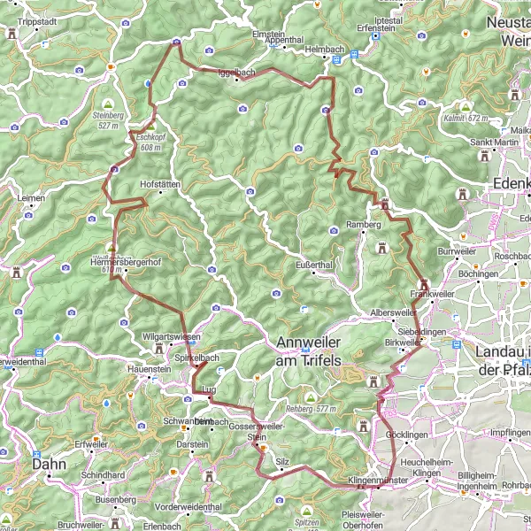 Map miniature of "Exploring the Palatinate Gravel Route" cycling inspiration in Rheinhessen-Pfalz, Germany. Generated by Tarmacs.app cycling route planner