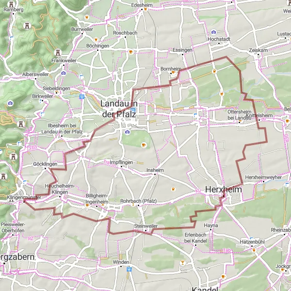 Map miniature of "Landau Gravel Expedition" cycling inspiration in Rheinhessen-Pfalz, Germany. Generated by Tarmacs.app cycling route planner