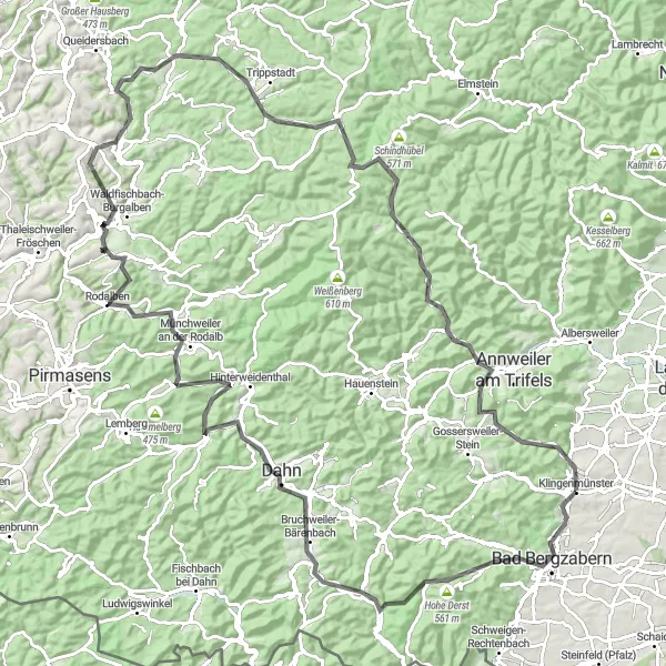 Karten-Miniaturansicht der Radinspiration "Tour durch den Pfälzerwald und die Südliche Weinstraße" in Rheinhessen-Pfalz, Germany. Erstellt vom Tarmacs.app-Routenplaner für Radtouren