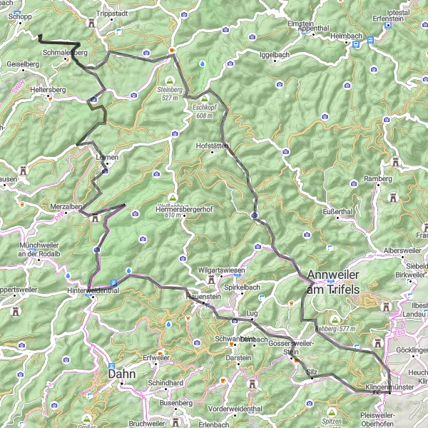 Karten-Miniaturansicht der Radinspiration "Herausfordernde Straßenfahrt durch die Natur der Pfalz" in Rheinhessen-Pfalz, Germany. Erstellt vom Tarmacs.app-Routenplaner für Radtouren