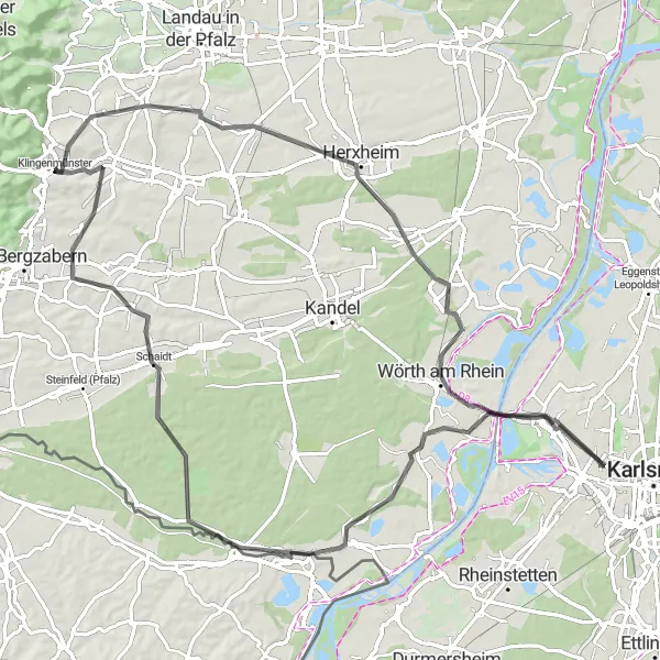Karten-Miniaturansicht der Radinspiration "Rheinradweg-Erkundung" in Rheinhessen-Pfalz, Germany. Erstellt vom Tarmacs.app-Routenplaner für Radtouren