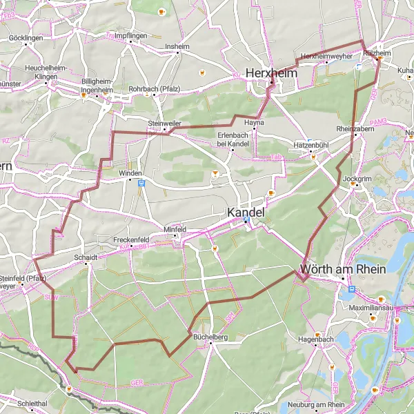 Map miniature of "Gravel Adventure: Rheinzabern Loop" cycling inspiration in Rheinhessen-Pfalz, Germany. Generated by Tarmacs.app cycling route planner