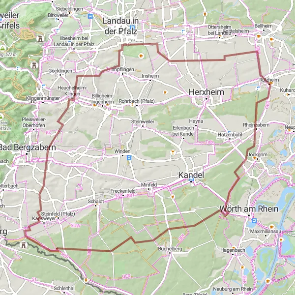 Map miniature of "Scenic Gravel Tour: Gutenbrunnen Circuit" cycling inspiration in Rheinhessen-Pfalz, Germany. Generated by Tarmacs.app cycling route planner