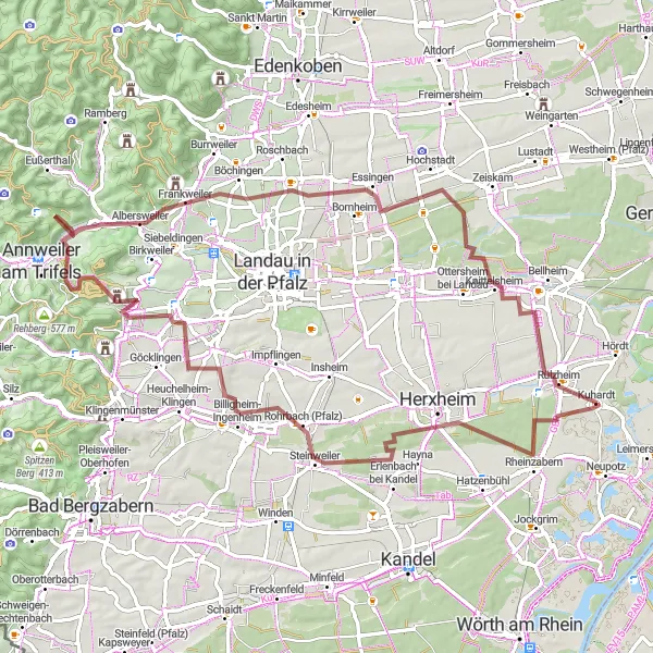 Map miniature of "The Ultimate Gravel Adventure: Albersweiler Challenge" cycling inspiration in Rheinhessen-Pfalz, Germany. Generated by Tarmacs.app cycling route planner
