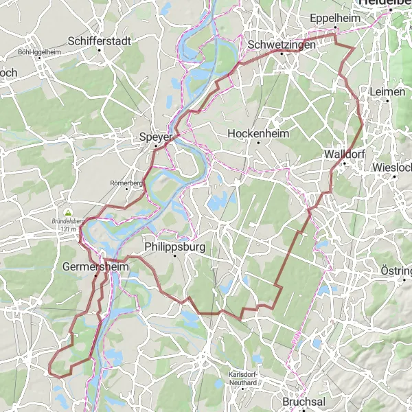 Map miniature of "Schwetzingen Gravel Adventure" cycling inspiration in Rheinhessen-Pfalz, Germany. Generated by Tarmacs.app cycling route planner