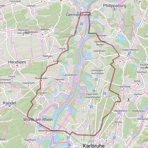 Map miniature of "Gravel Adventure to Rheinzabern" cycling inspiration in Rheinhessen-Pfalz, Germany. Generated by Tarmacs.app cycling route planner