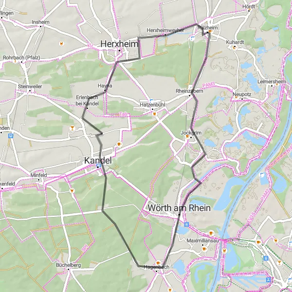 Map miniature of "Rheinzabern Loop: Scenic Road Cycling" cycling inspiration in Rheinhessen-Pfalz, Germany. Generated by Tarmacs.app cycling route planner