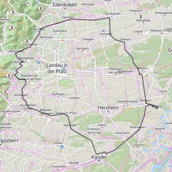 Map miniature of "Discover the Palatinate: Kandel & Kalmit Road Cycling" cycling inspiration in Rheinhessen-Pfalz, Germany. Generated by Tarmacs.app cycling route planner