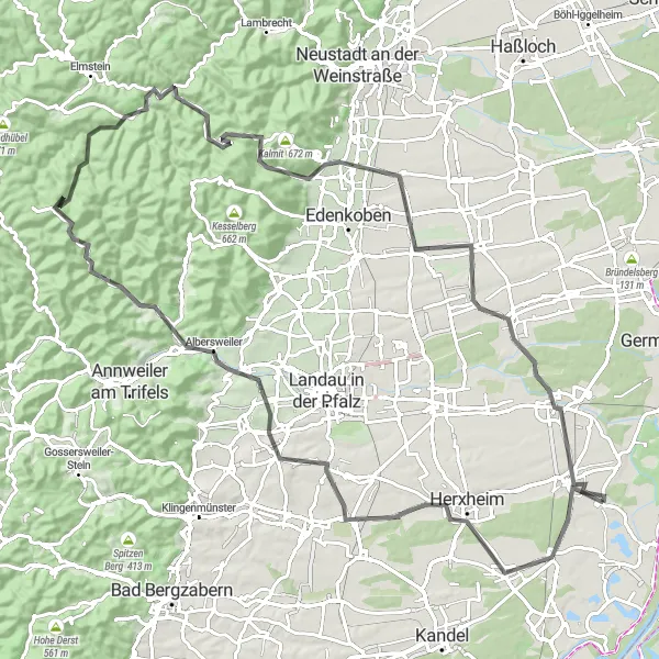 Map miniature of "Rheinzabern Loop" cycling inspiration in Rheinhessen-Pfalz, Germany. Generated by Tarmacs.app cycling route planner