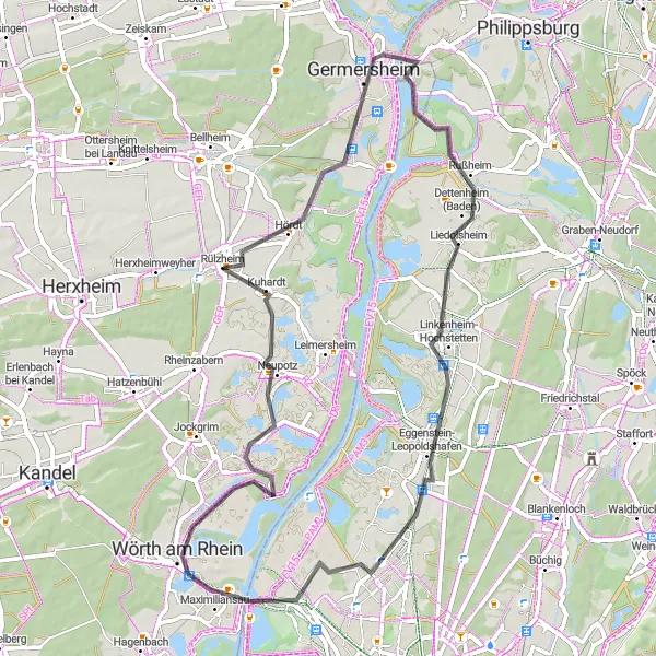 Map miniature of "Germersheim Riverside Ride" cycling inspiration in Rheinhessen-Pfalz, Germany. Generated by Tarmacs.app cycling route planner