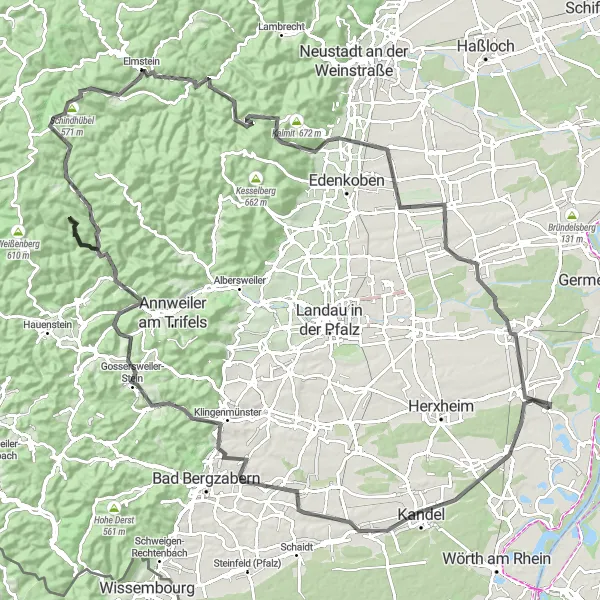 Karten-Miniaturansicht der Radinspiration "Historische Pfalz-Rundfahrt" in Rheinhessen-Pfalz, Germany. Erstellt vom Tarmacs.app-Routenplaner für Radtouren
