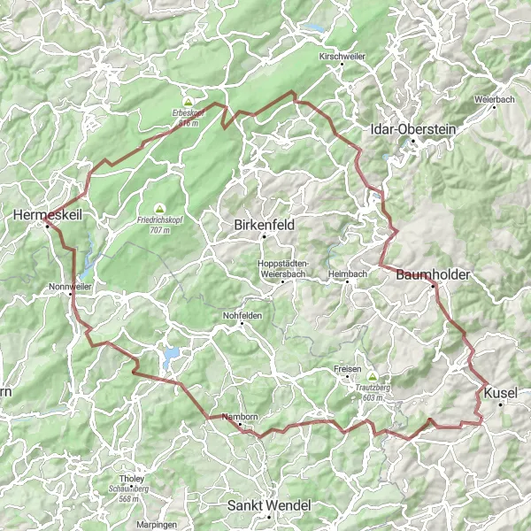 Map miniature of "Weiselberg Adventure" cycling inspiration in Rheinhessen-Pfalz, Germany. Generated by Tarmacs.app cycling route planner