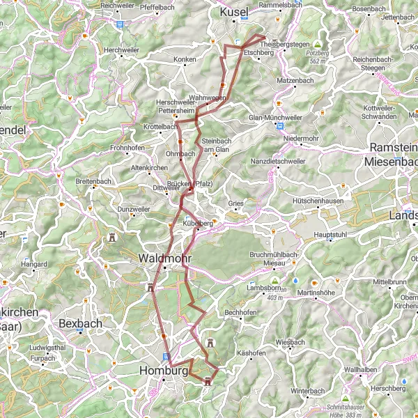 Map miniature of "Remigiusberg Gravel Loop" cycling inspiration in Rheinhessen-Pfalz, Germany. Generated by Tarmacs.app cycling route planner