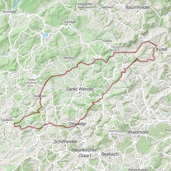 Map miniature of "Gateway to Ottweiler" cycling inspiration in Rheinhessen-Pfalz, Germany. Generated by Tarmacs.app cycling route planner