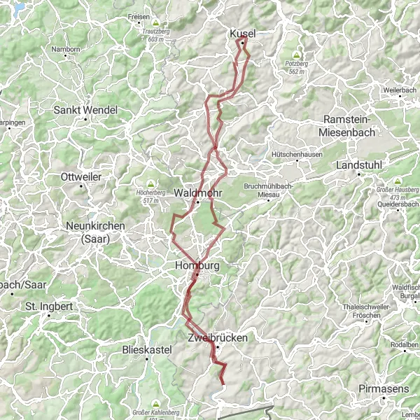 Map miniature of "Knechtenberg Gravel Adventure" cycling inspiration in Rheinhessen-Pfalz, Germany. Generated by Tarmacs.app cycling route planner