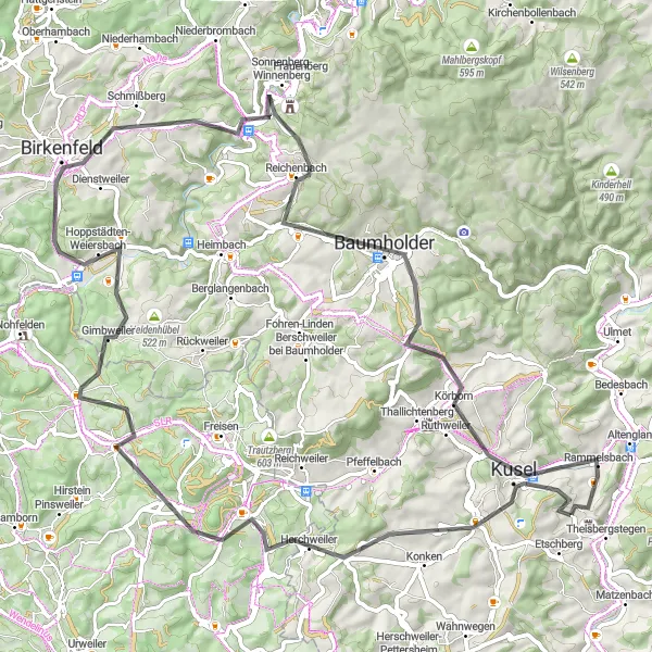 Map miniature of "Kusel Adventure Road" cycling inspiration in Rheinhessen-Pfalz, Germany. Generated by Tarmacs.app cycling route planner
