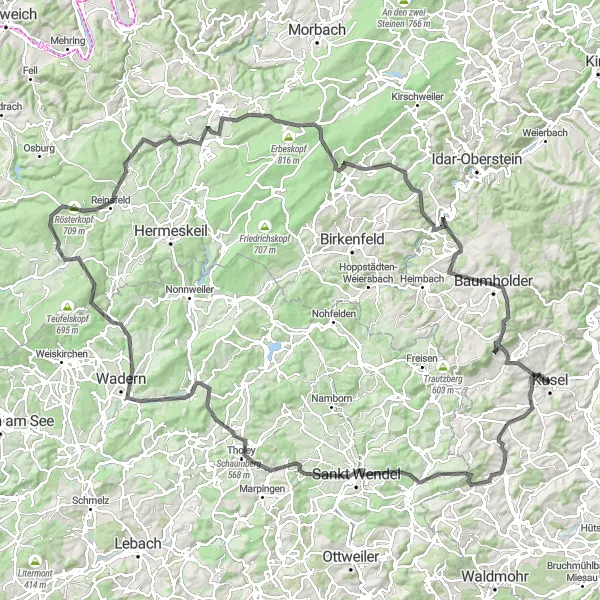 Map miniature of "King of the Mountains" cycling inspiration in Rheinhessen-Pfalz, Germany. Generated by Tarmacs.app cycling route planner