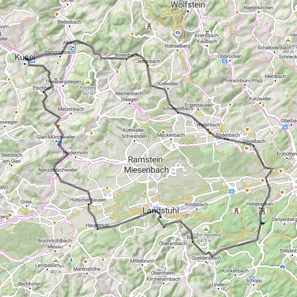 Karten-Miniaturansicht der Radinspiration "Die charmanten Dörfer der Westpfalz" in Rheinhessen-Pfalz, Germany. Erstellt vom Tarmacs.app-Routenplaner für Radtouren