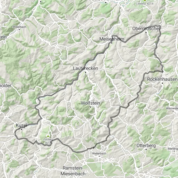Map miniature of "Kusel to Altenglan Loop" cycling inspiration in Rheinhessen-Pfalz, Germany. Generated by Tarmacs.app cycling route planner