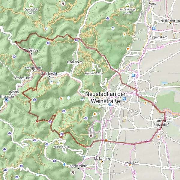 Karten-Miniaturansicht der Radinspiration "Pfälzer Wald Gravel-Tour" in Rheinhessen-Pfalz, Germany. Erstellt vom Tarmacs.app-Routenplaner für Radtouren