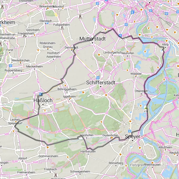Map miniature of "Palatine Road Adventure" cycling inspiration in Rheinhessen-Pfalz, Germany. Generated by Tarmacs.app cycling route planner