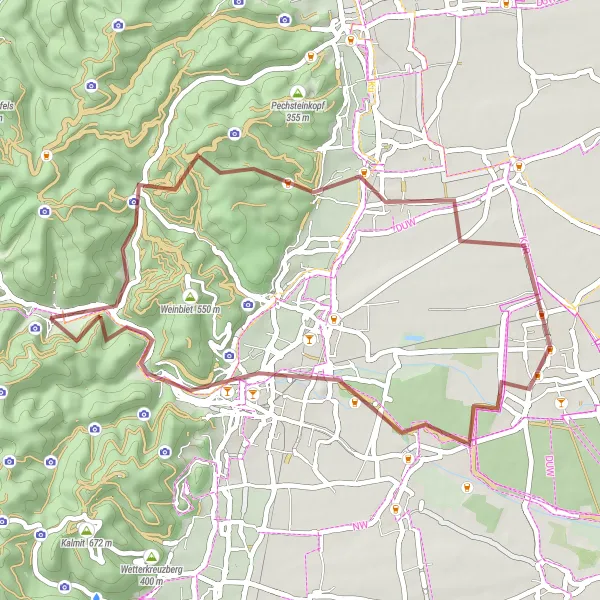 Map miniature of "Gravel Adventure to Lambrecht" cycling inspiration in Rheinhessen-Pfalz, Germany. Generated by Tarmacs.app cycling route planner