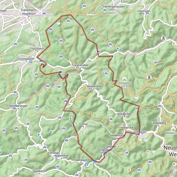 Map miniature of "Gravel Route - Lambrecht Loop" cycling inspiration in Rheinhessen-Pfalz, Germany. Generated by Tarmacs.app cycling route planner