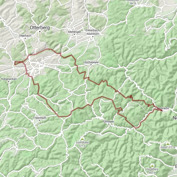 Map miniature of "Gravel Adventure - Lambrecht Trail" cycling inspiration in Rheinhessen-Pfalz, Germany. Generated by Tarmacs.app cycling route planner