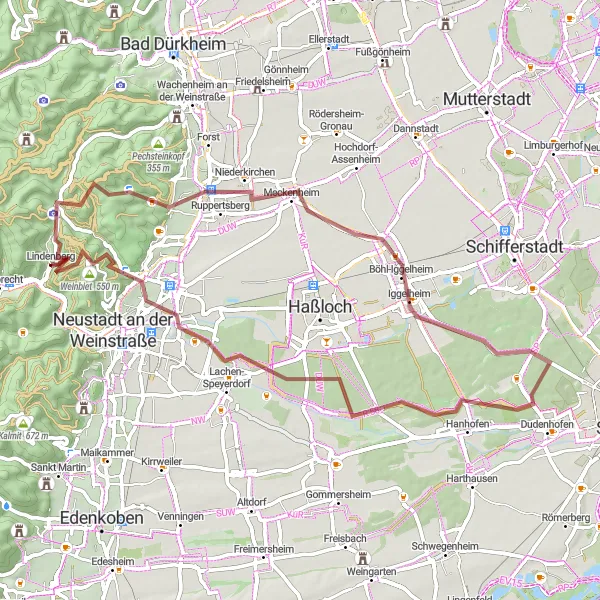 Map miniature of "Gravel Adventure - Explore Rheinhessen-Pfalz" cycling inspiration in Rheinhessen-Pfalz, Germany. Generated by Tarmacs.app cycling route planner