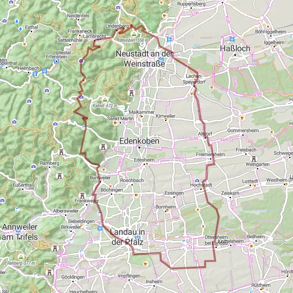 Map miniature of "Gravel Loop - Discover Rheinhessen-Pfalz" cycling inspiration in Rheinhessen-Pfalz, Germany. Generated by Tarmacs.app cycling route planner