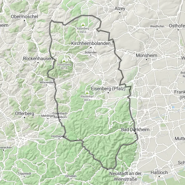 Karten-Miniaturansicht der Radinspiration "Auf den Spuren der Ritter im Pfälzer Wald" in Rheinhessen-Pfalz, Germany. Erstellt vom Tarmacs.app-Routenplaner für Radtouren