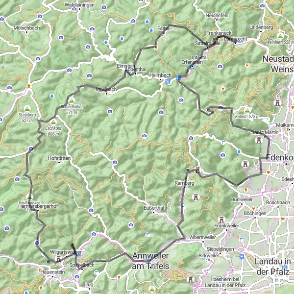 Karten-Miniaturansicht der Radinspiration "Rund um Lambrecht und Trifels" in Rheinhessen-Pfalz, Germany. Erstellt vom Tarmacs.app-Routenplaner für Radtouren