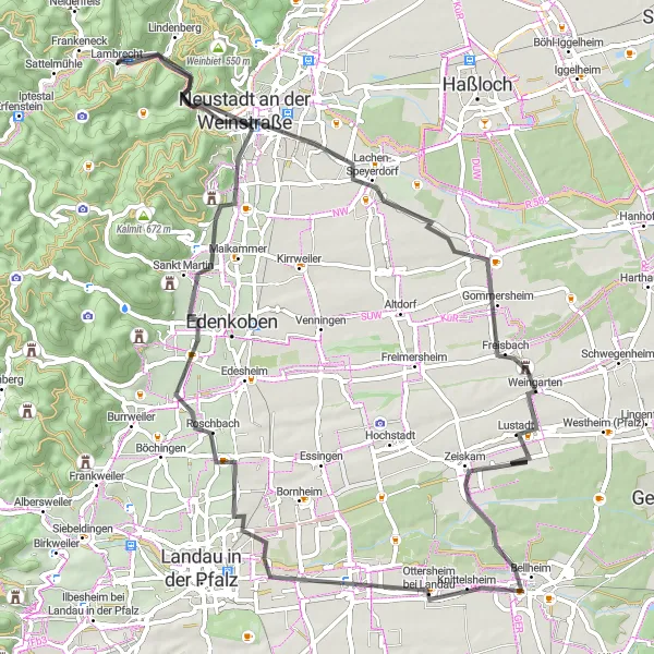Map miniature of "Road Tour - Rheinhessen-Pfalz Adventure" cycling inspiration in Rheinhessen-Pfalz, Germany. Generated by Tarmacs.app cycling route planner