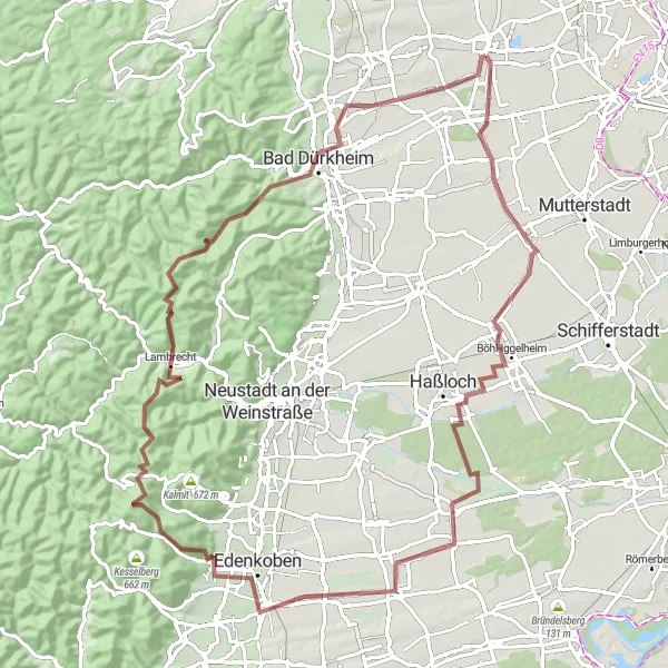 Map miniature of "The Gravel Adventure" cycling inspiration in Rheinhessen-Pfalz, Germany. Generated by Tarmacs.app cycling route planner