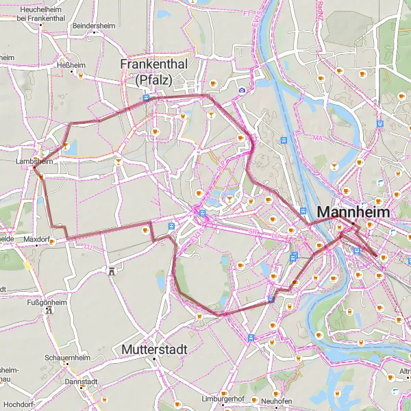 Map miniature of "Exploring the Rhein River" cycling inspiration in Rheinhessen-Pfalz, Germany. Generated by Tarmacs.app cycling route planner