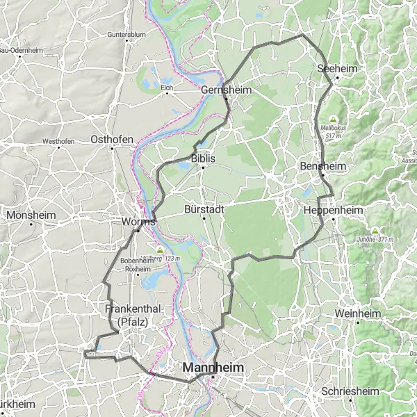Map miniature of "Cultural journey: Lambsheim to Mannheim" cycling inspiration in Rheinhessen-Pfalz, Germany. Generated by Tarmacs.app cycling route planner